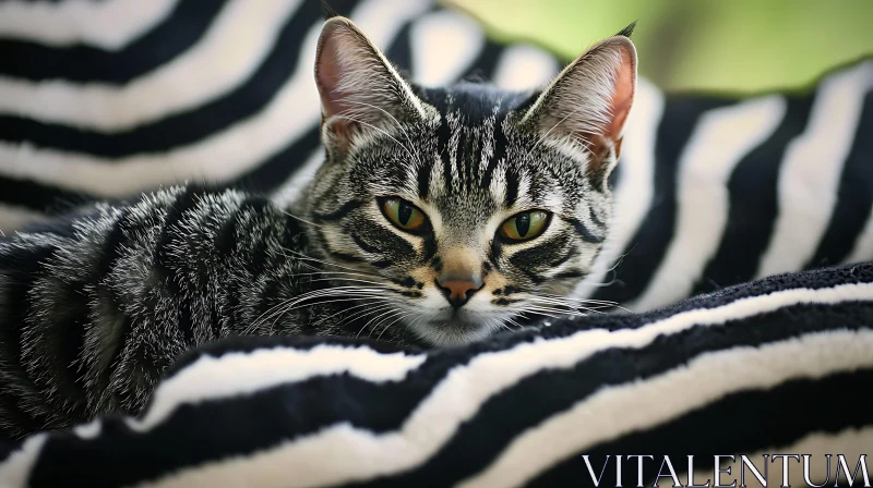 Cat with Black and White Stripes on a Matching Blanket AI Image