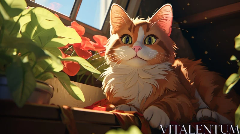 Ginger Cat on Windowsill with Flowers - Nature Scene AI Image