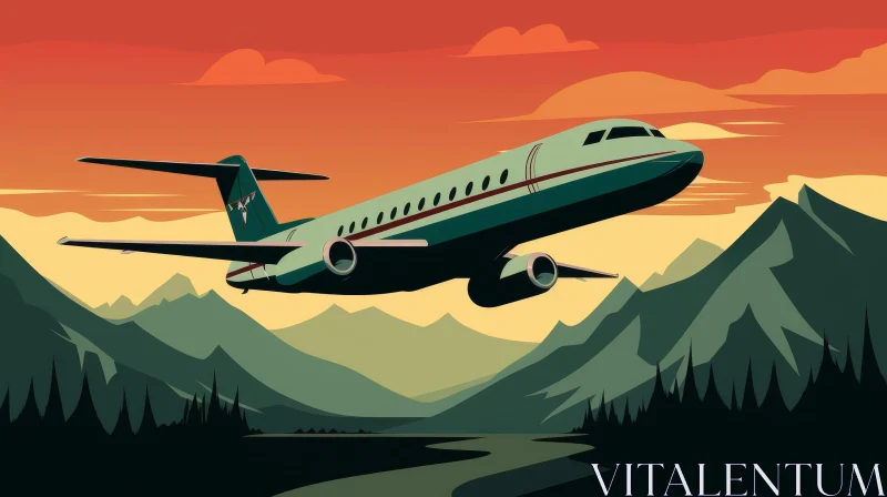 Passenger Plane Flying Over Mountain Range Illustration AI Image