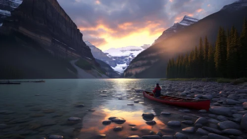 Peaceful Red Canoe Floating in Water - Contemporary Canadian Art