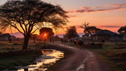 Red Sunset with Horse and Trees - Captivating Rural Scene