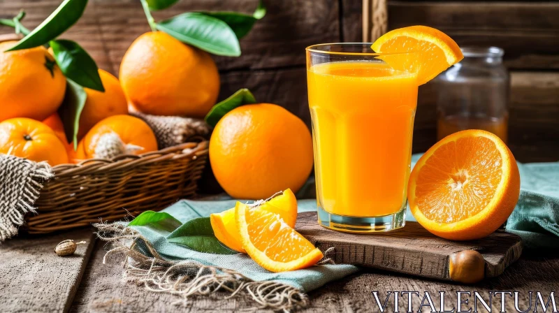AI ART Vibrant Glass of Orange Juice on Wooden Table - Still Life Photography