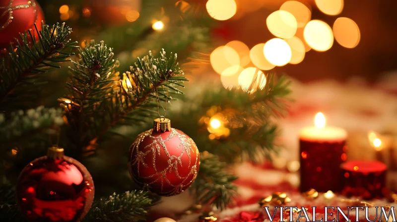 Festive Christmas Tree Decor and Candlelight AI Image