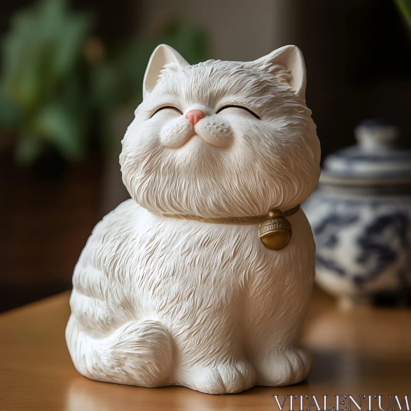 Smiling White Cat Clay Figurine AI Image