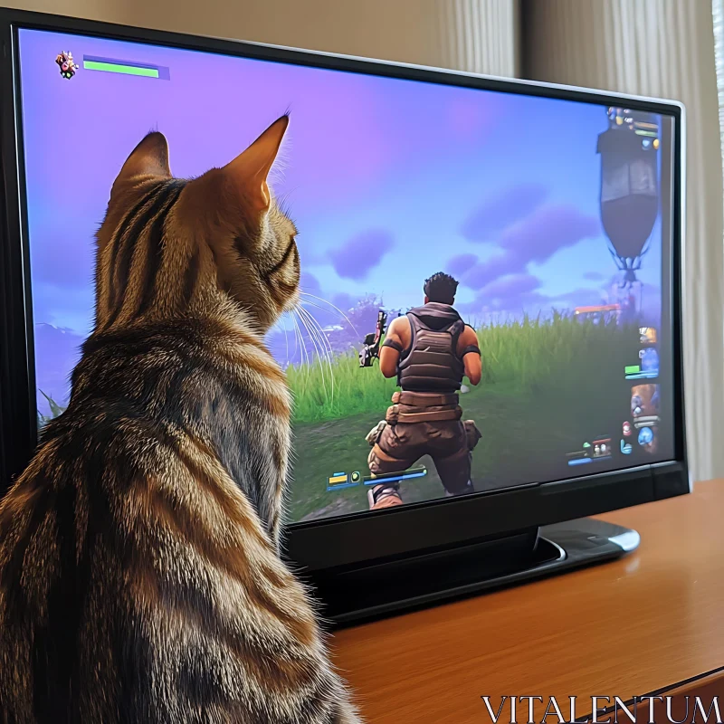 Curious Cat Engrossed in Video Game AI Image