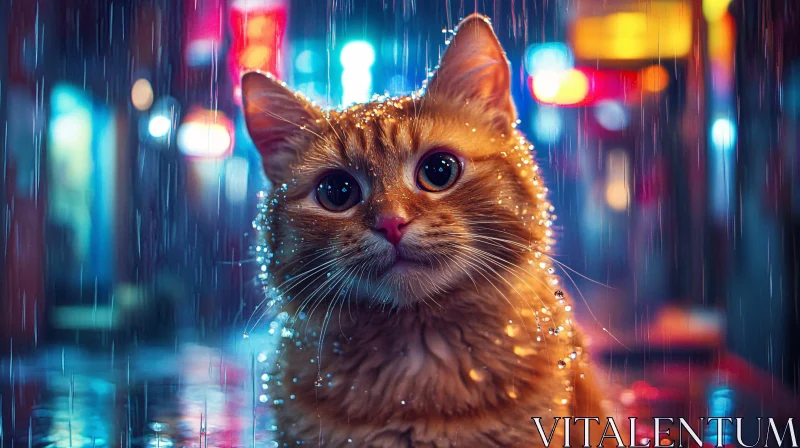 Cat in Rain under Neon City Lights AI Image