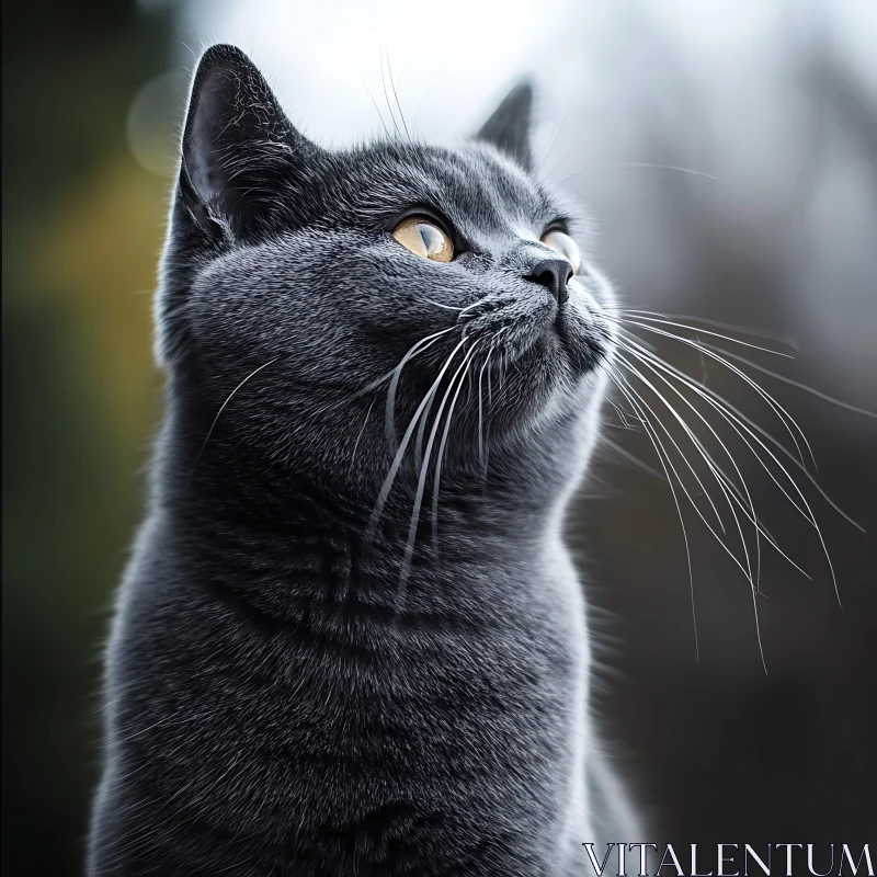 Close-Up of a Gray Cat with Detailed Fur and Bright Yellow Eyes AI Image