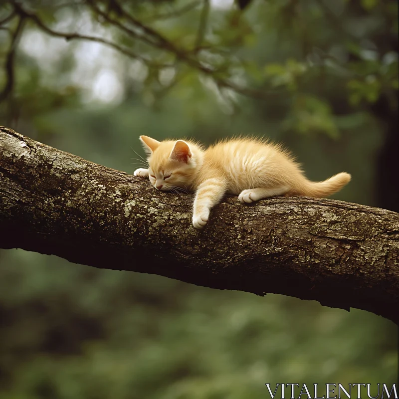 Sleepy Kitten in Green Forest AI Image