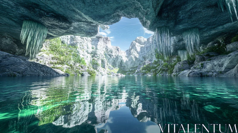 Enchanting Cave with Pristine Lake AI Image