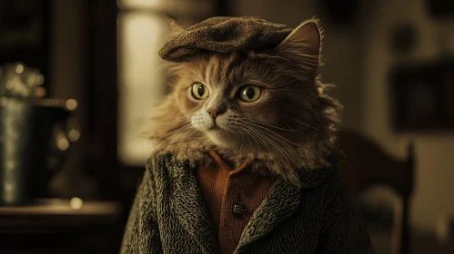 Cat in Vintage Clothing with Warm Lighting