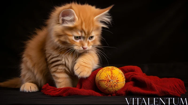 Adorable Ginger Kitten Playing with Yellow Ball of Yarn AI Image