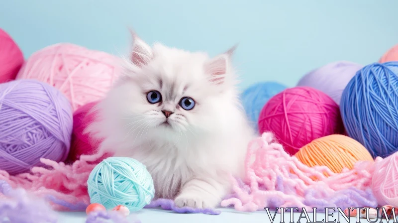 Adorable Kitten with Colorful Yarn - Cute Image AI Image