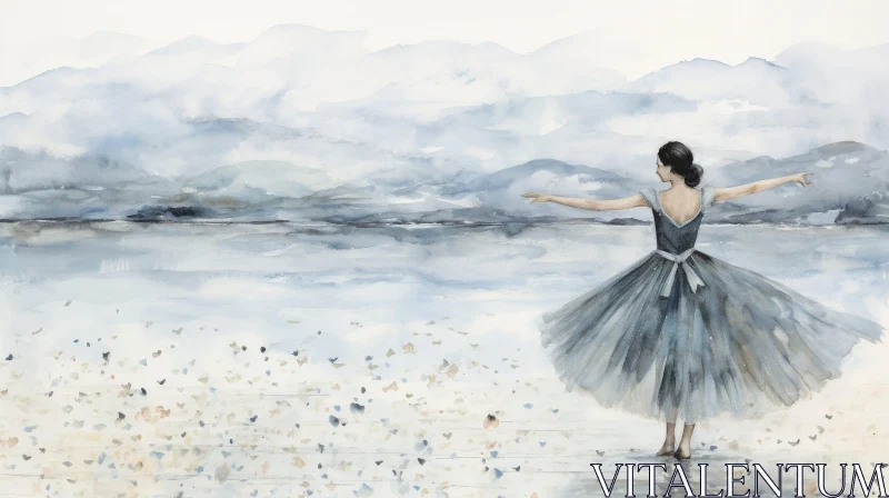 Blue Dress Woman Dancing on Beach Watercolor Painting AI Image