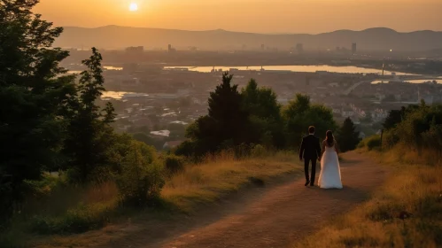 Bride and Groom City Walk at Autumn Sunset