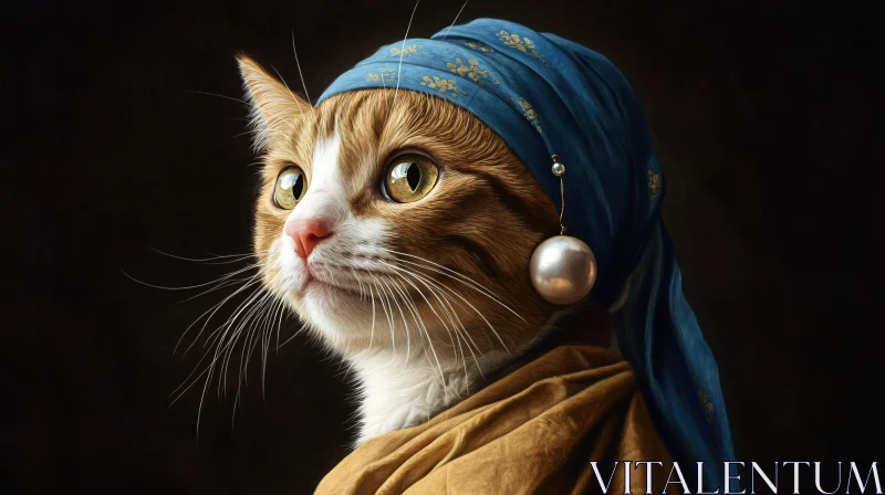 AI ART Cat with Blue Headscarf and Pearl Earring