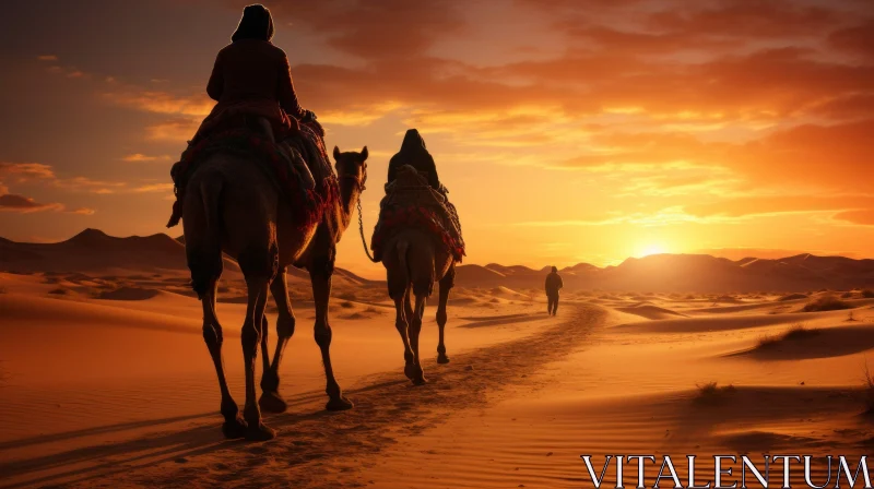 Camel Riders in the Desert at Sunset - A Captivating Image of Nature's Tranquility AI Image