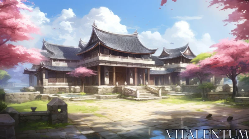 Cherry Blossoms Surrounding a Structure with an Exterior Garden - Traditional Street Scenes AI Image