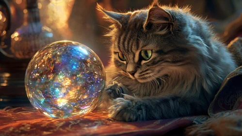 Enchanted Cat and Illuminated Crystal Sphere