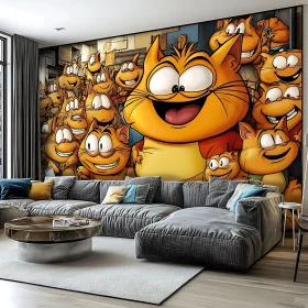 Luxury Living Room with Cartoon Cat Wall Mural