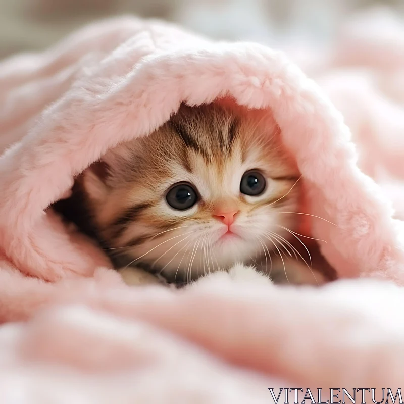 Cute Kitten Snuggled in Soft Pink Blanket AI Image