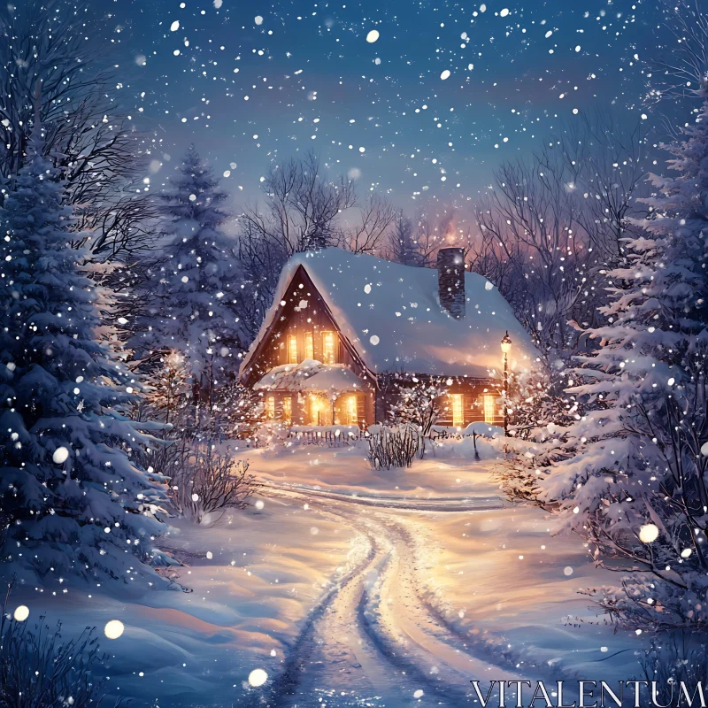 Charming Winter Scene of a Snow-Covered House at Night AI Image