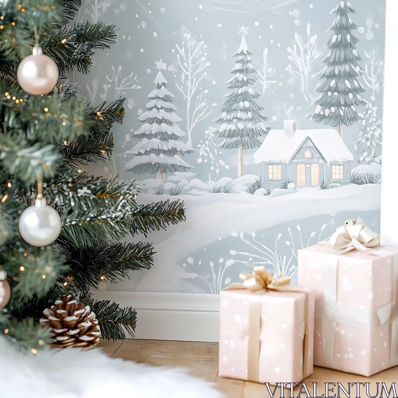 Charming Snowy Landscape with Decorated Christmas Tree and Gifts AI Image