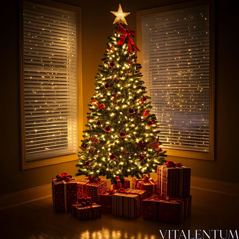 Festive Christmas Tree with Ornaments and Gifts AI Image