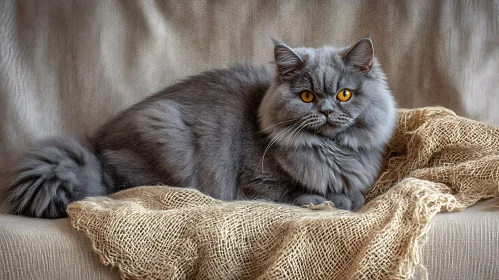 Elegant Gray Feline Lying on Textured Fabric