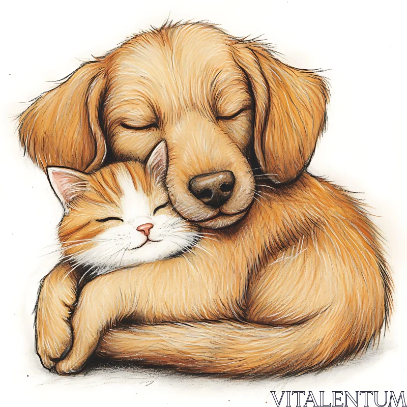 Heartwarming Art of Puppy and Kitten Hugging AI Image