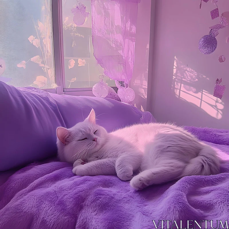 Tranquil White Cat Resting in Purple-Hued Room AI Image