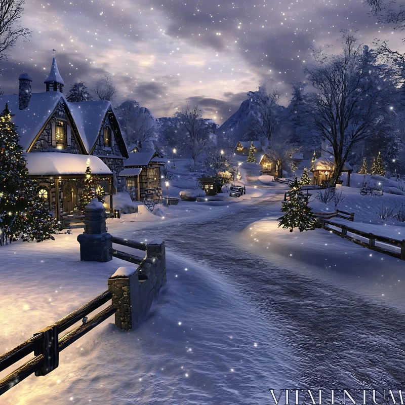 Cozy Stone Houses in a Snowy Village during Christmas AI Image