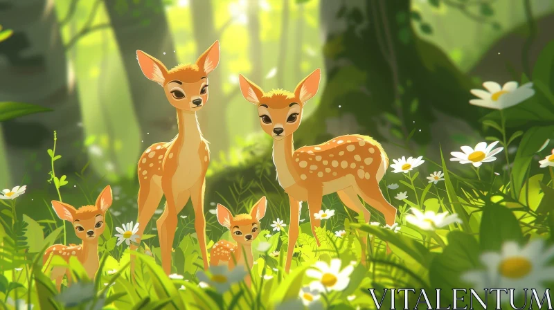 Enchanting Deer Family in Forest - Digital Painting AI Image
