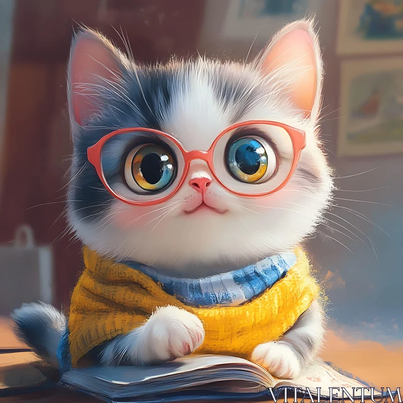 Cute Fluffy Kitten Wearing Glasses and Yellow Sweater AI Image