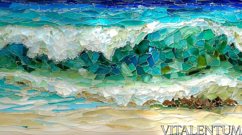 Ocean Wave Mosaic Artwork | Green-Blue Color Scheme | Sandy Beach AI Image