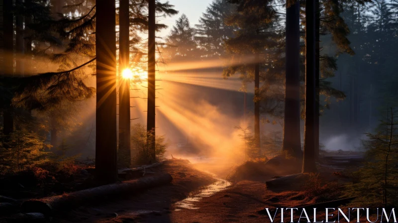 Sunrise through the Forest: A Mesmerizing Display of Light and Shadow AI Image