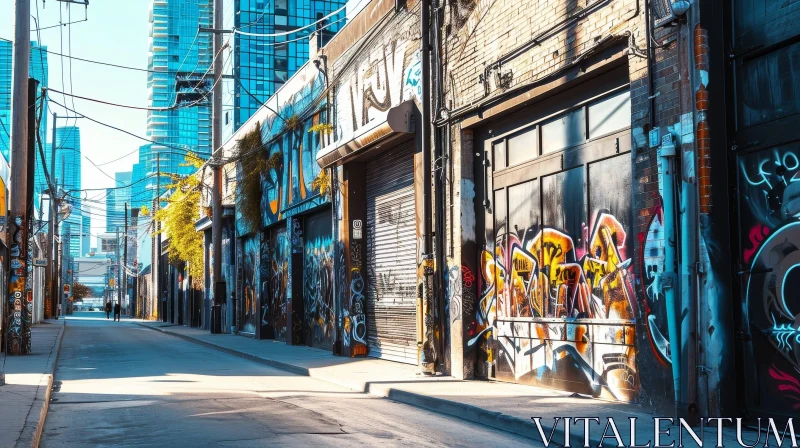 Urban Street Scene with Graffiti-Covered Buildings AI Image