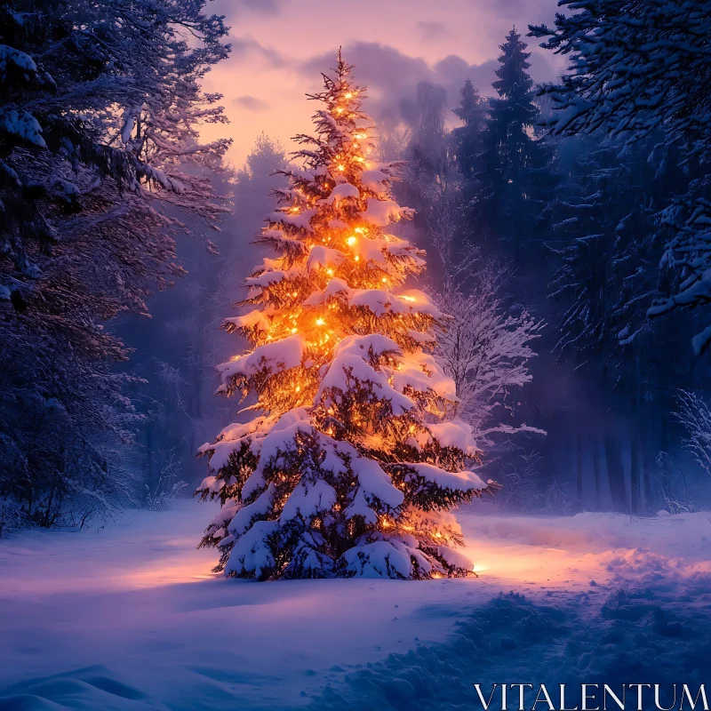 AI ART Glowing Christmas Tree in Snowy Woodland