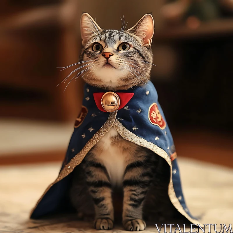 Cat in Blue Cape and Bell AI Image