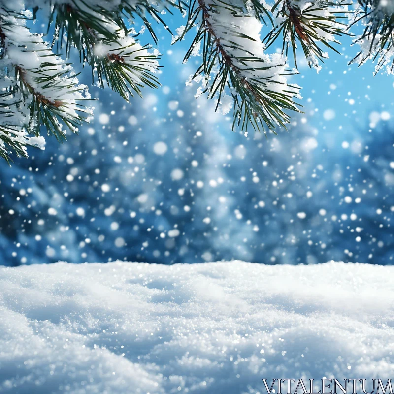 Winter Wonderland with Snowy Pine Branches AI Image