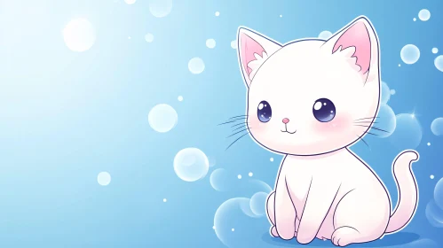 Cute White Kitten Illustration with Bubbles