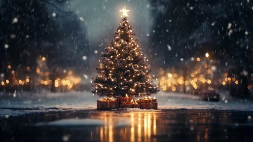 Illuminated Christmas Tree with Gifts on a Snowy Evening