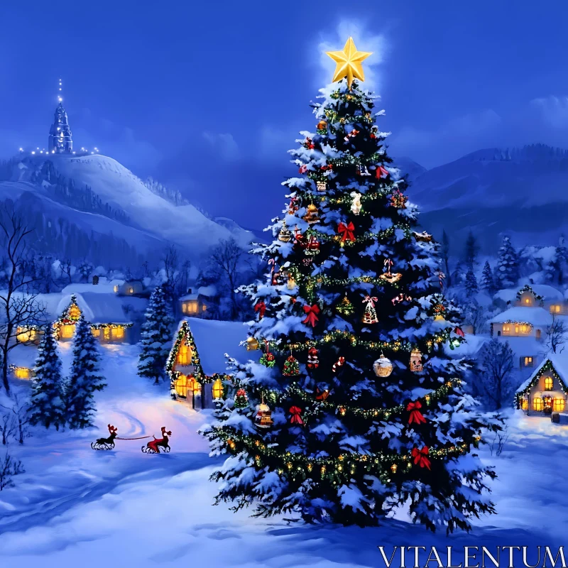 Peaceful Snowy Village with Festive Christmas Tree AI Image