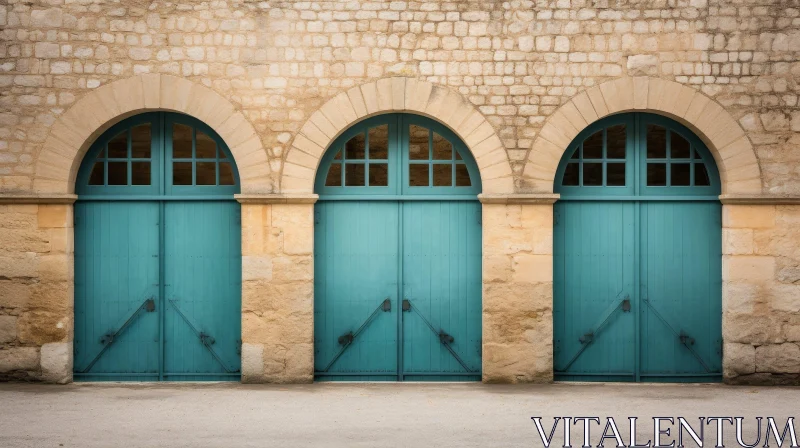 Blue Arched Wooden Doors in Stone Building AI Image