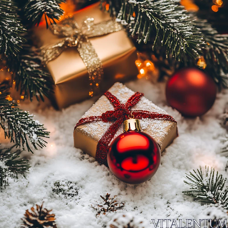 Holiday Presents with Snow and Pine Decorations AI Image