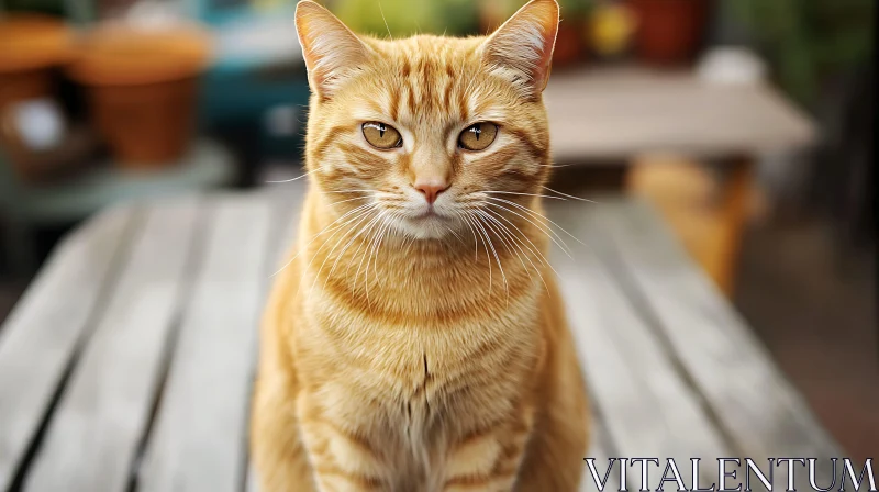 Orange Tabby Cat Portrait on Wooden Surface AI Image