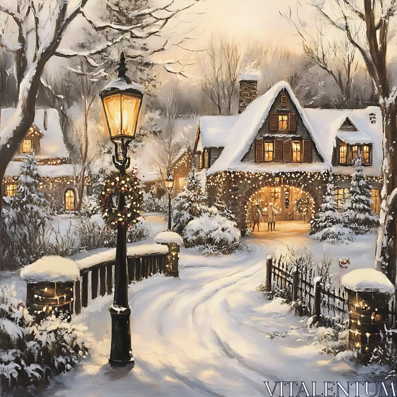 Cozy Winter Cottage Illuminated for Christmas AI Image