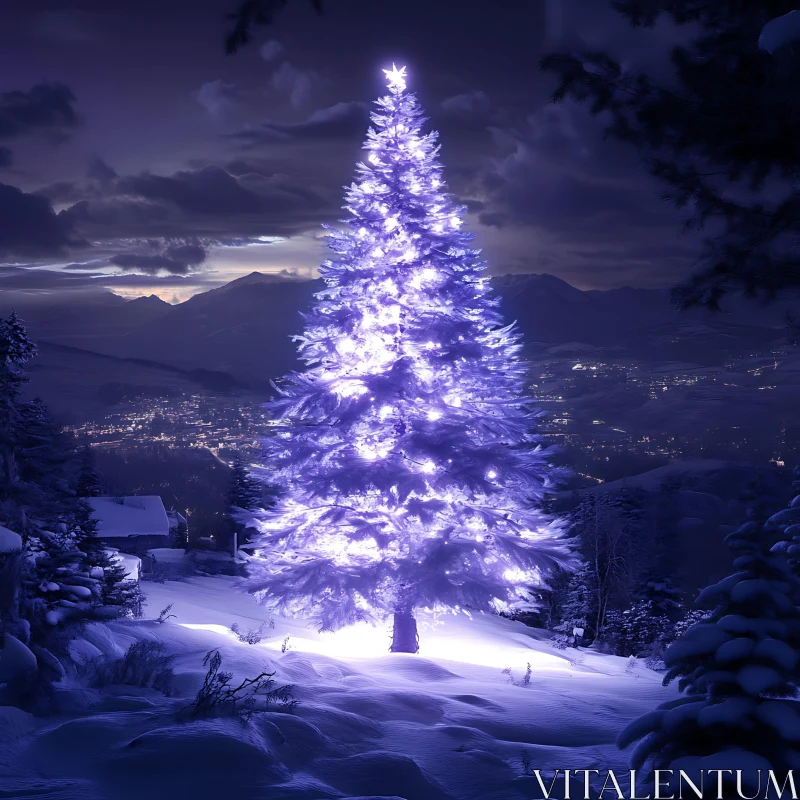 Illuminated Christmas Tree in Winter Night AI Image