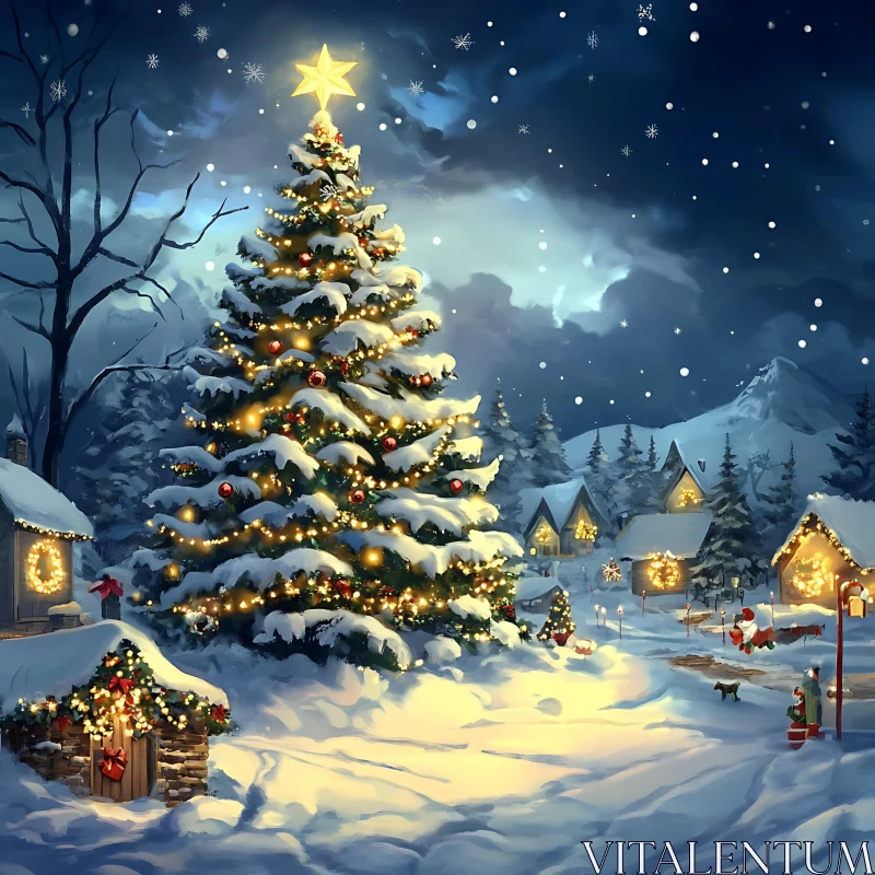 Festive Snowy Village with Illuminated Christmas Tree AI Image