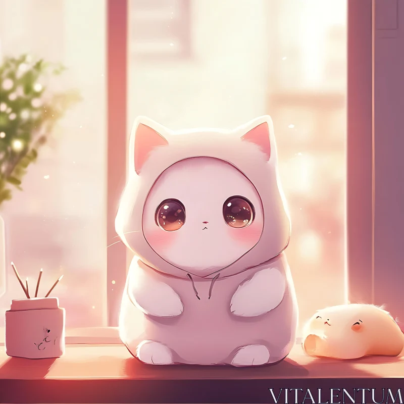 Cute Chibi Anime Art on Windowsill AI Image