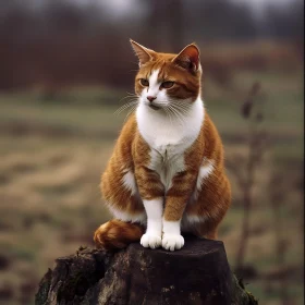 Outdoor Scene with Ginger Cat on Tree Stump